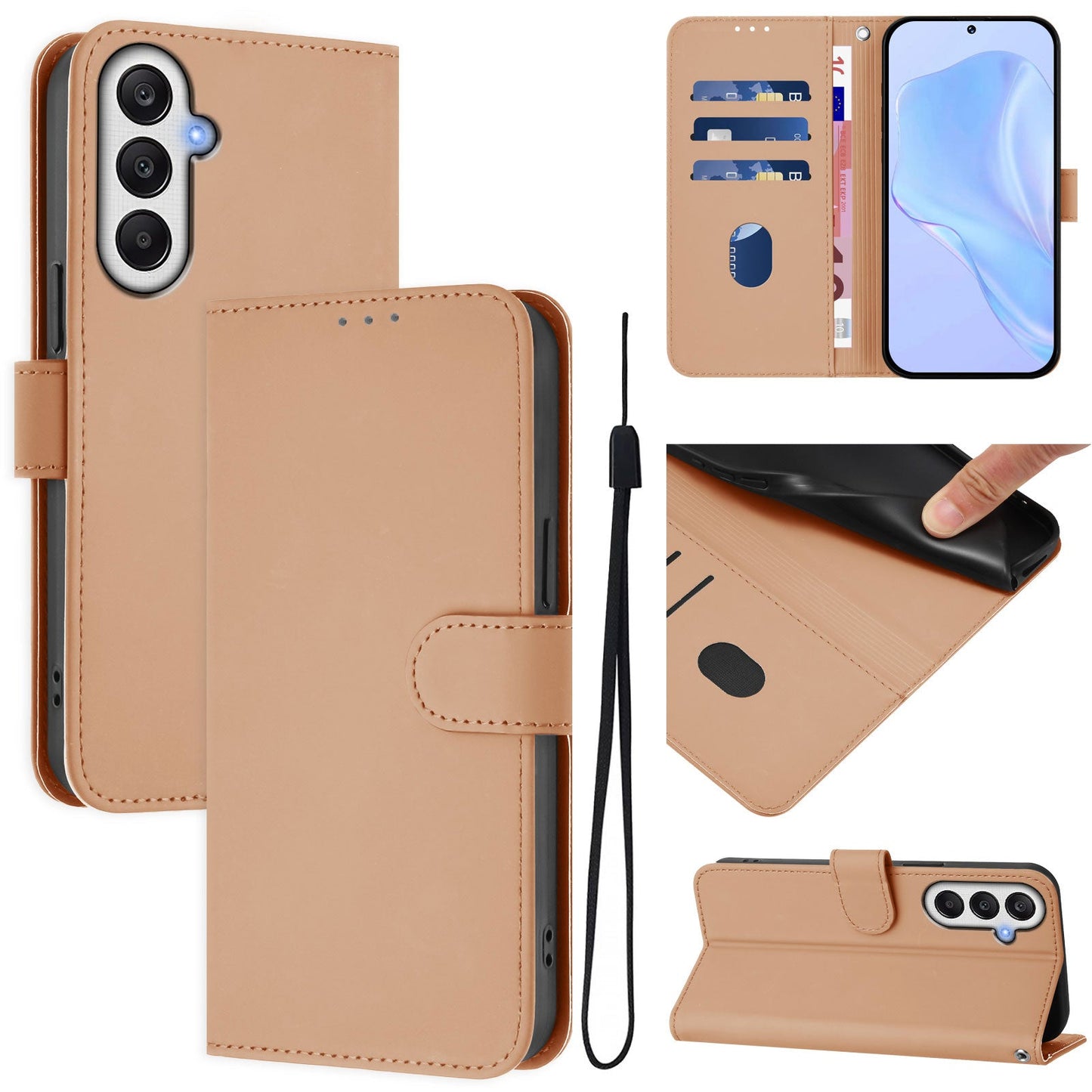 For Samsung Galaxy A36 5G Case Solid Color Wallet Leather Phone Cover with Strap - Nude