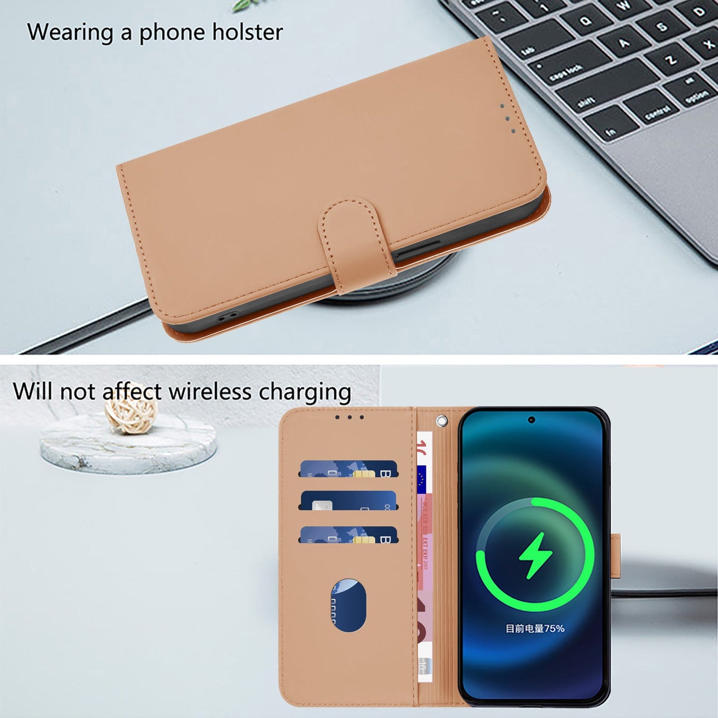 For Samsung Galaxy A36 5G Case Solid Color Wallet Leather Phone Cover with Strap - Nude