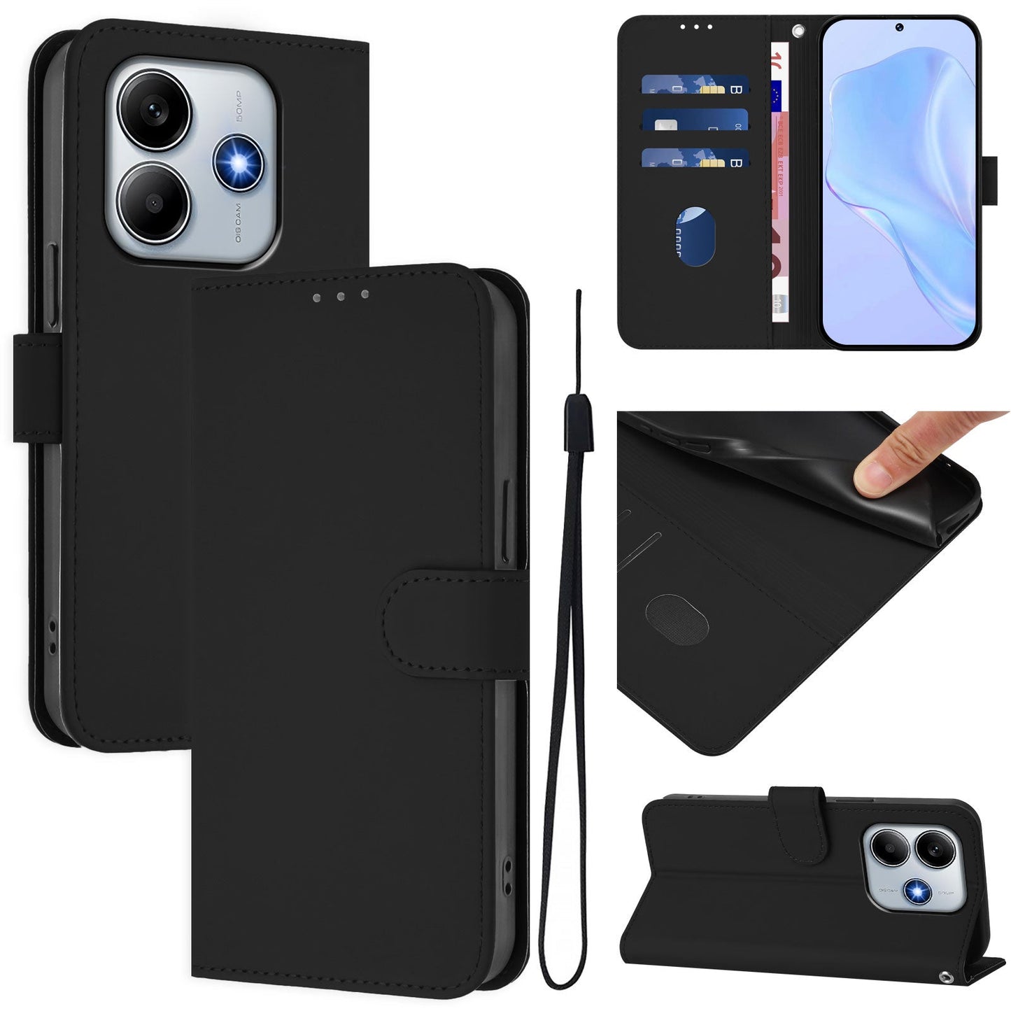 For Xiaomi Redmi Note 14 5G Case Solid Color Wallet Leather Phone Cover with Strap - Black