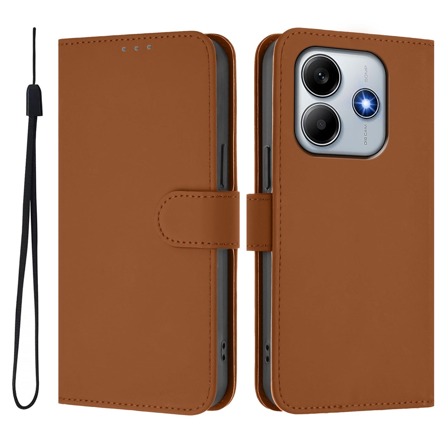 For Xiaomi Redmi Note 14 5G Case Solid Color Wallet Leather Phone Cover with Strap - Brown