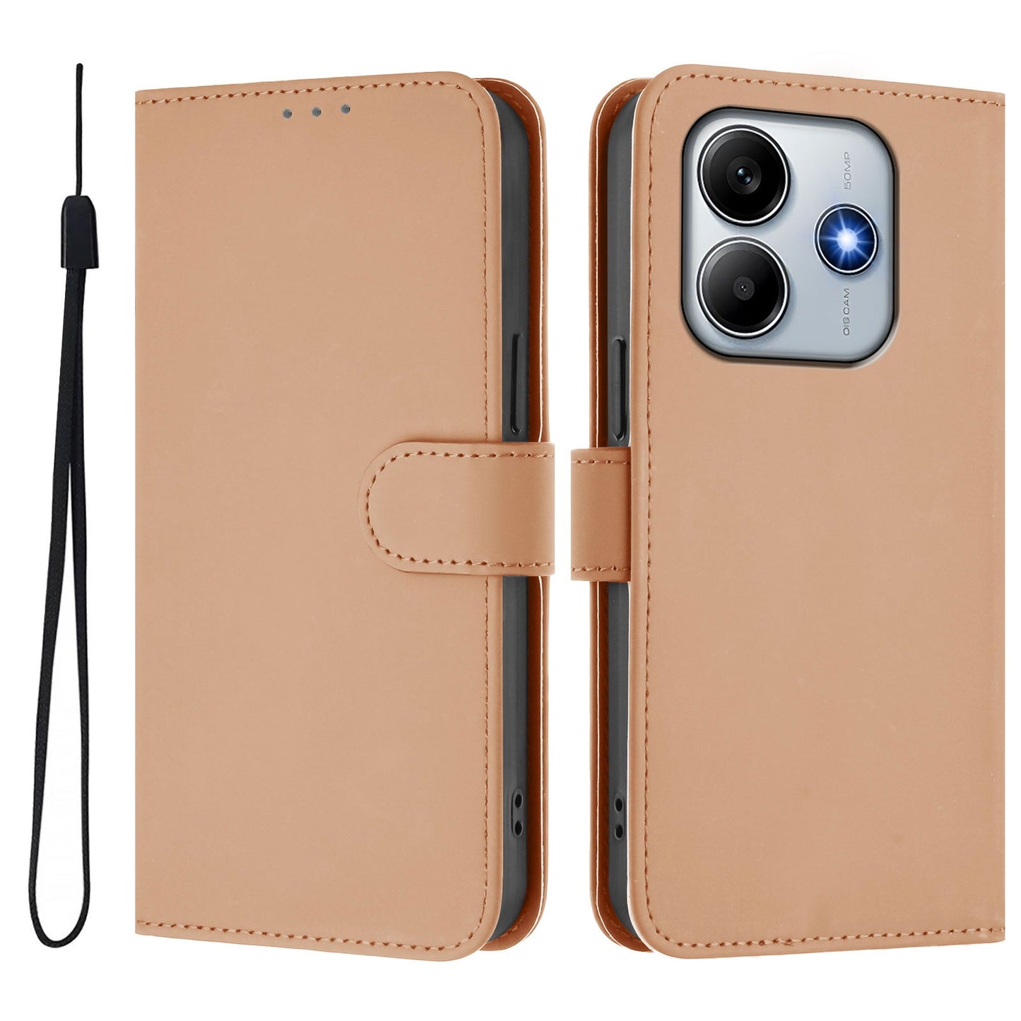 For Xiaomi Redmi Note 14 5G Case Solid Color Wallet Leather Phone Cover with Strap - Nude