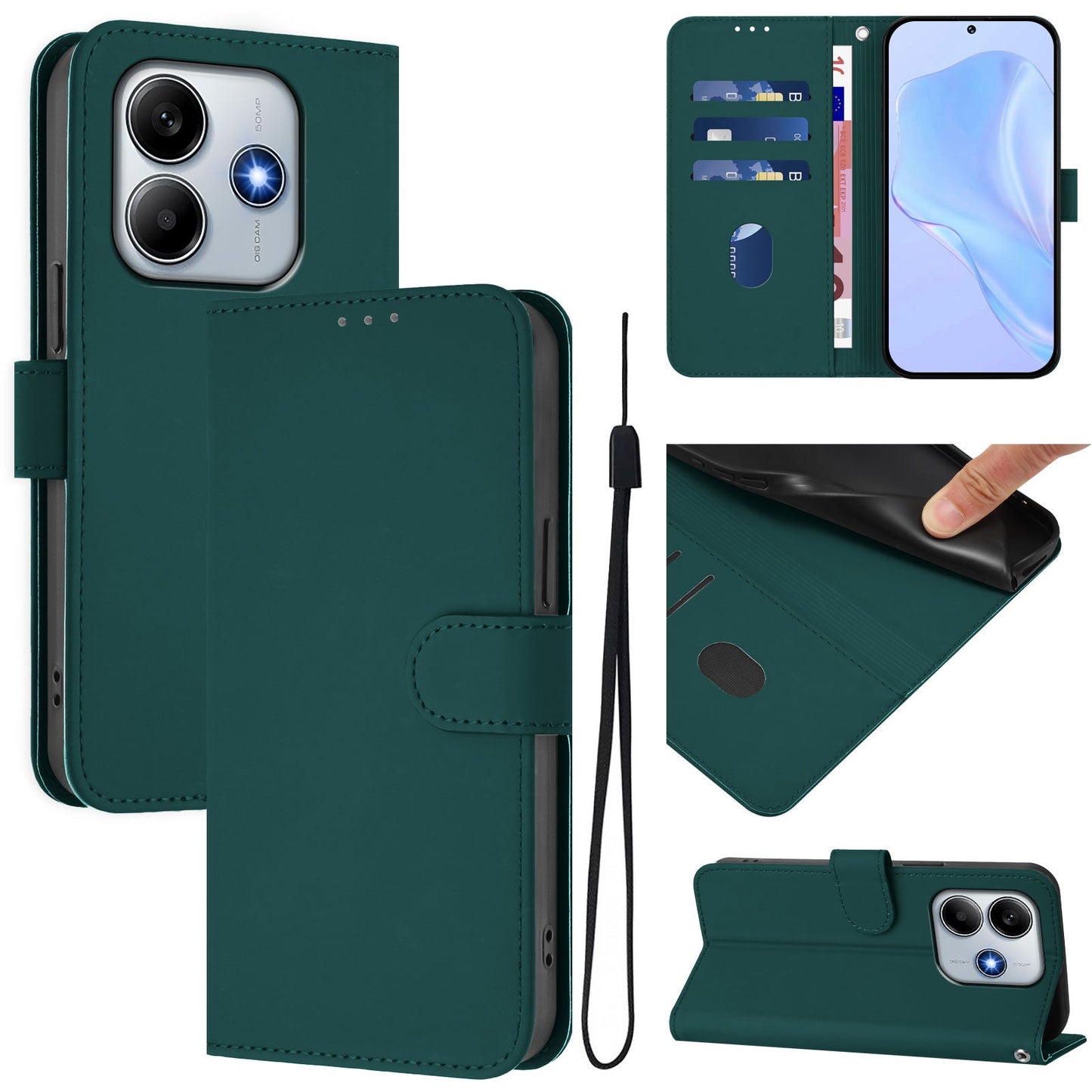 For Xiaomi Redmi Note 14 5G Case Solid Color Wallet Leather Phone Cover with Strap - Dark Green