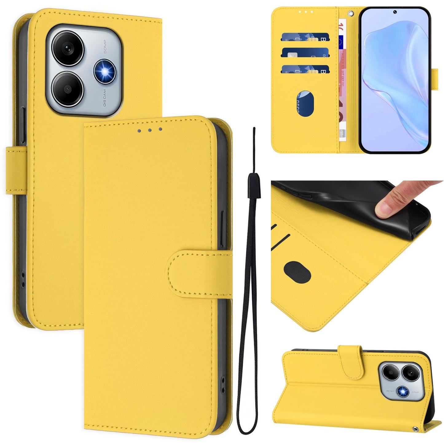 For Xiaomi Redmi Note 14 5G Case Solid Color Wallet Leather Phone Cover with Strap - Lemon