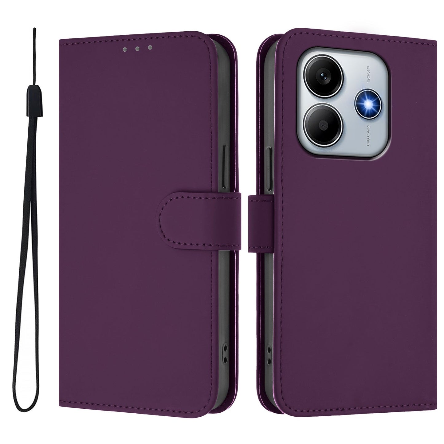 For Xiaomi Redmi Note 14 5G Case Solid Color Wallet Leather Phone Cover with Strap - Violet