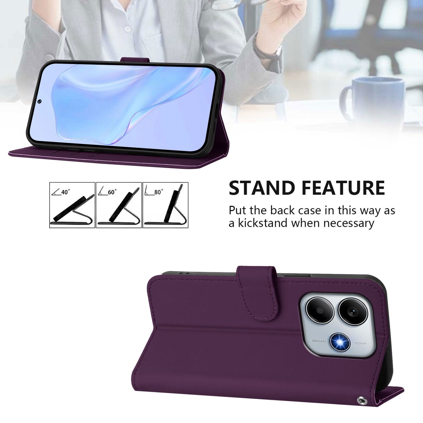 For Xiaomi Redmi Note 14 5G Case Solid Color Wallet Leather Phone Cover with Strap - Violet