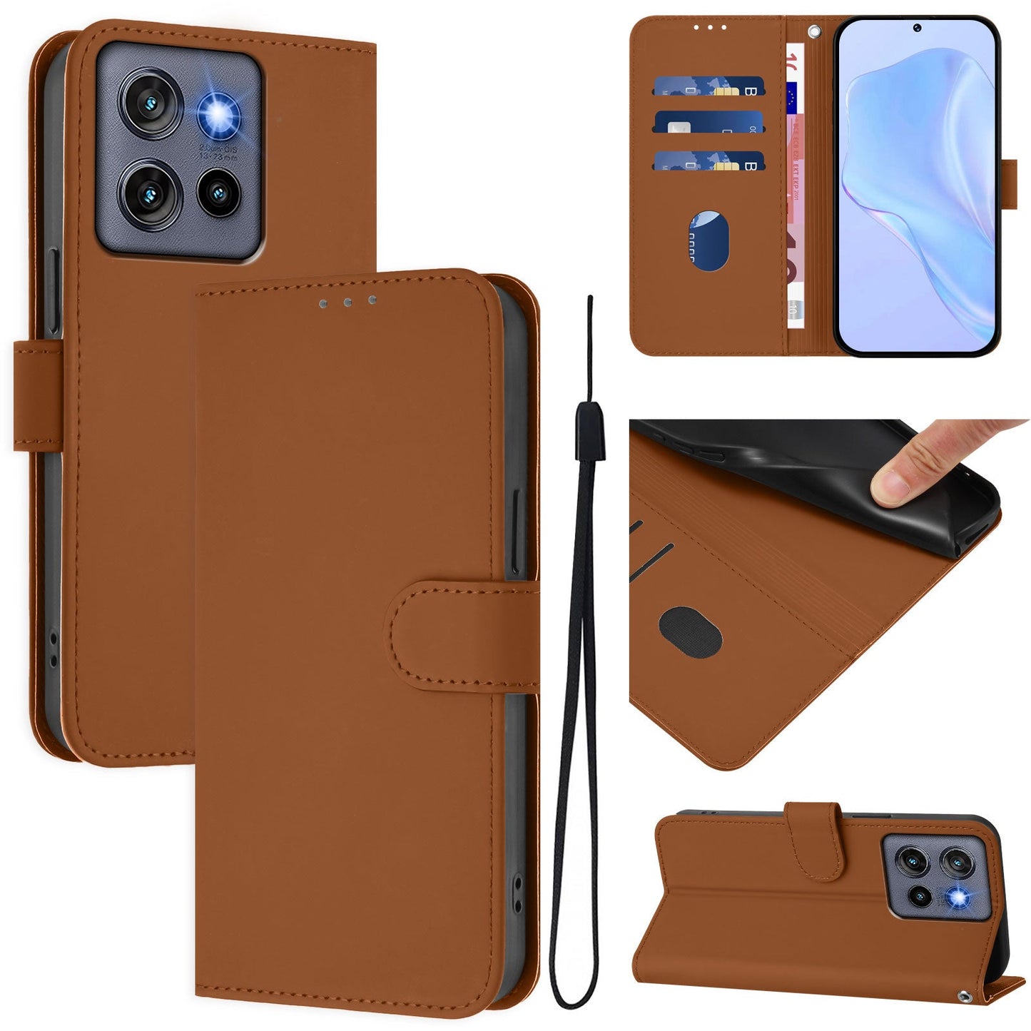 For Motorola Edge 50 Neo 5G Case Solid Color Wallet Leather Phone Cover with Strap - Brown