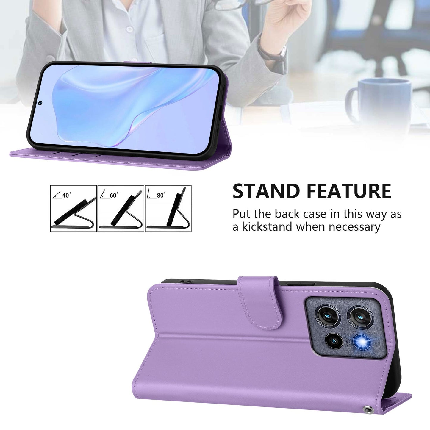 For Motorola Edge 50 Neo 5G Case Solid Color Wallet Leather Phone Cover with Strap - Lavender