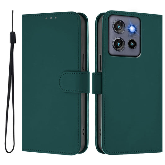 For Motorola Edge 50 Neo 5G Case Solid Color Wallet Leather Phone Cover with Strap - Dark Green