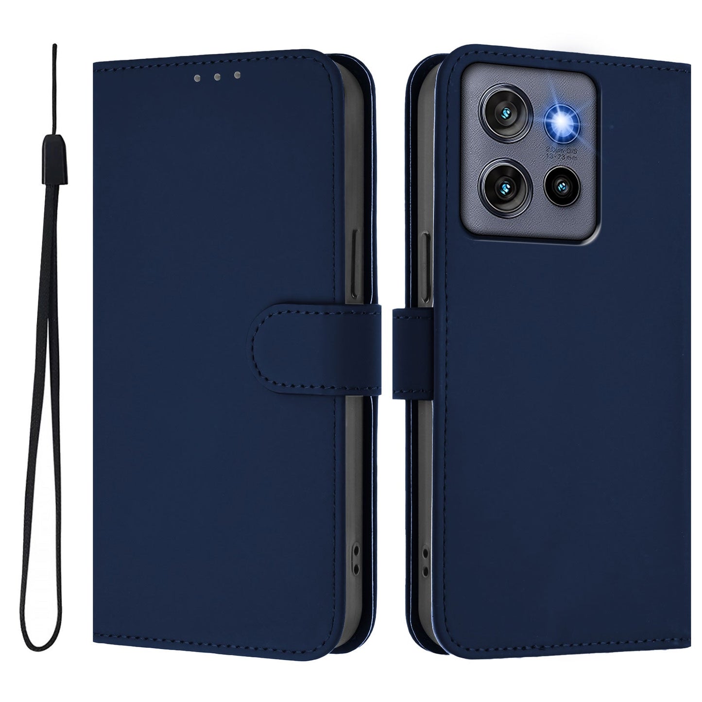For Motorola Edge 50 Neo 5G Case Solid Color Wallet Leather Phone Cover with Strap - Navy Blue