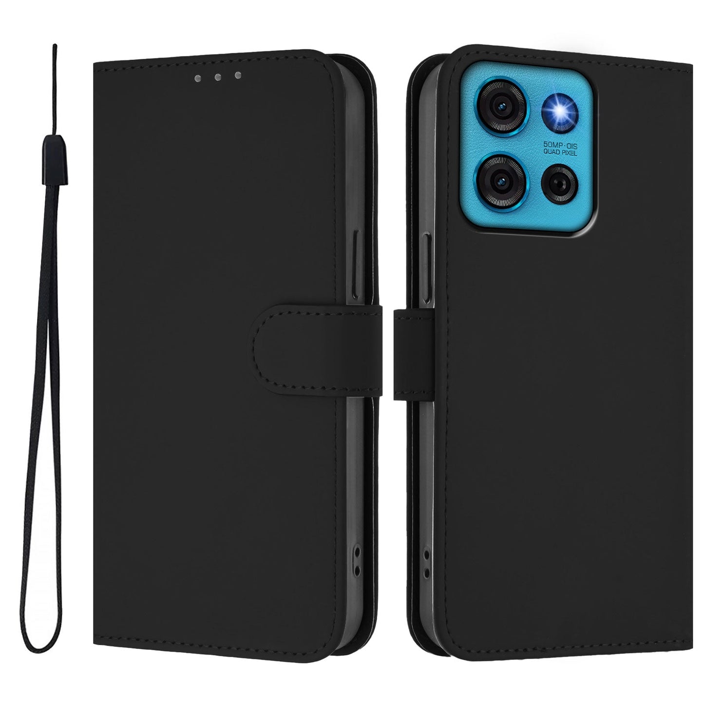 For Motorola Moto G75 5G Case Solid Color Wallet Leather Phone Cover with Strap - Black