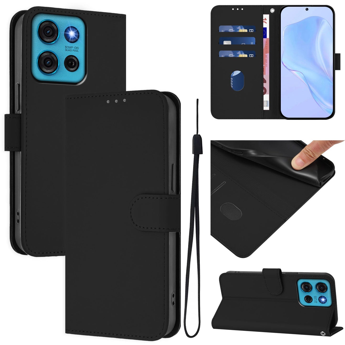 For Motorola Moto G75 5G Case Solid Color Wallet Leather Phone Cover with Strap - Black