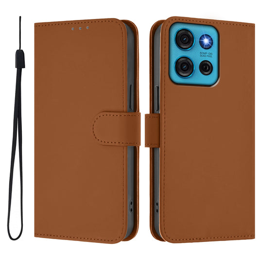 For Motorola Moto G75 5G Case Solid Color Wallet Leather Phone Cover with Strap - Brown