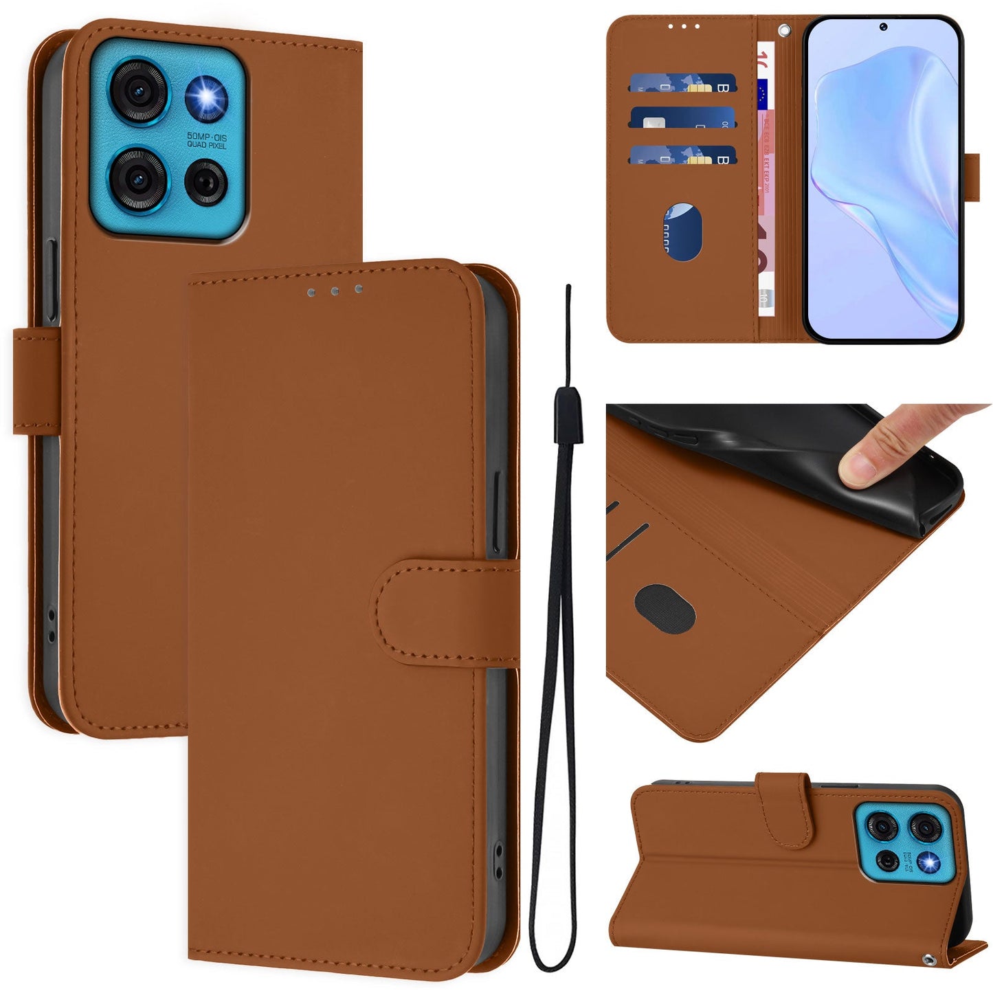 For Motorola Moto G75 5G Case Solid Color Wallet Leather Phone Cover with Strap - Brown