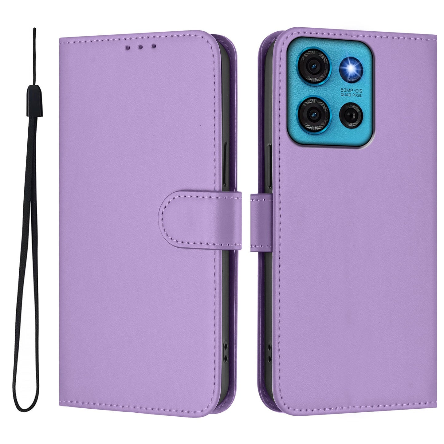 For Motorola Moto G75 5G Case Solid Color Wallet Leather Phone Cover with Strap - Lavender