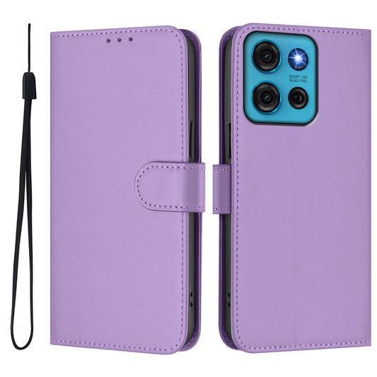 For Motorola Moto G75 5G Case Solid Color Wallet Leather Phone Cover with Strap - Lavender