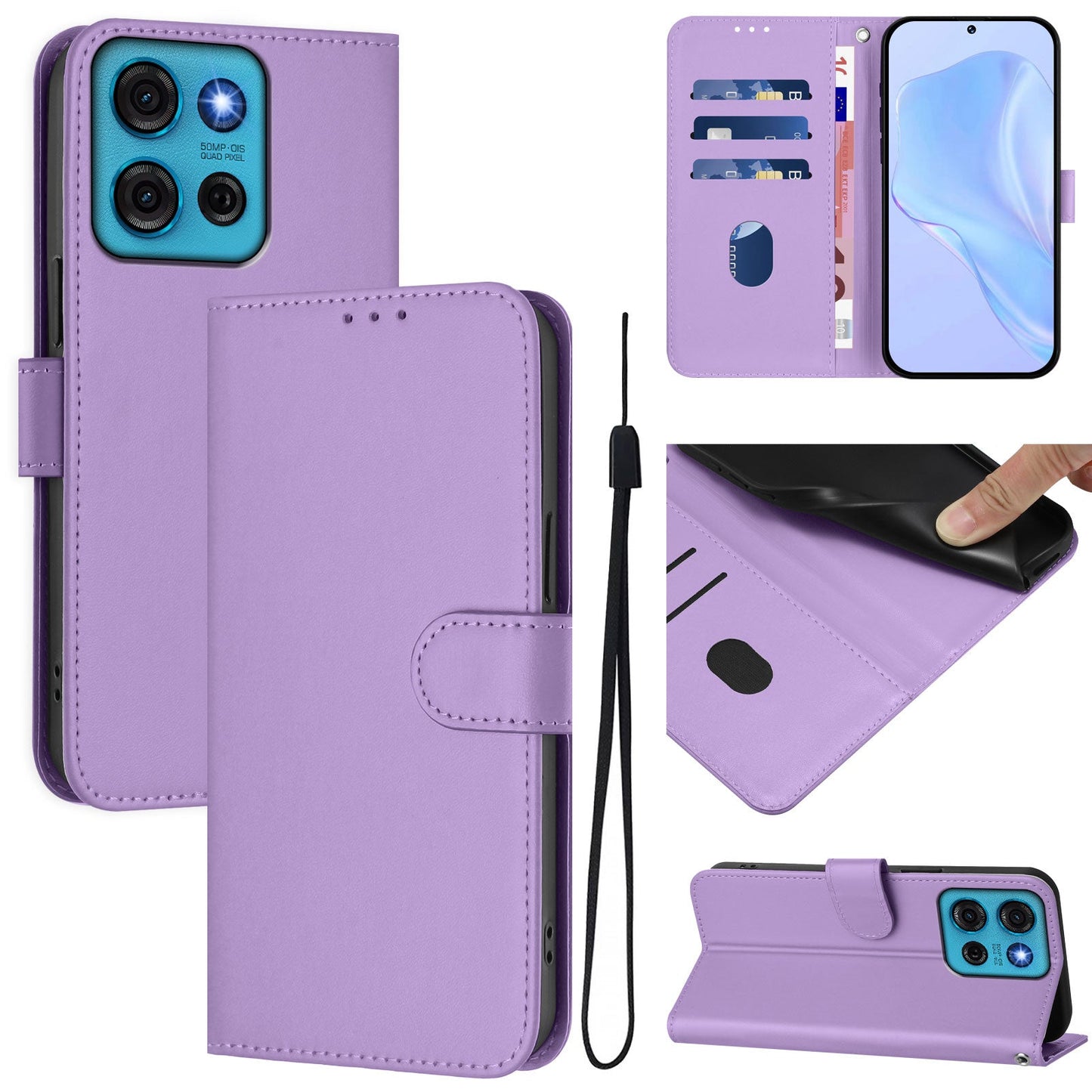 For Motorola Moto G75 5G Case Solid Color Wallet Leather Phone Cover with Strap - Lavender
