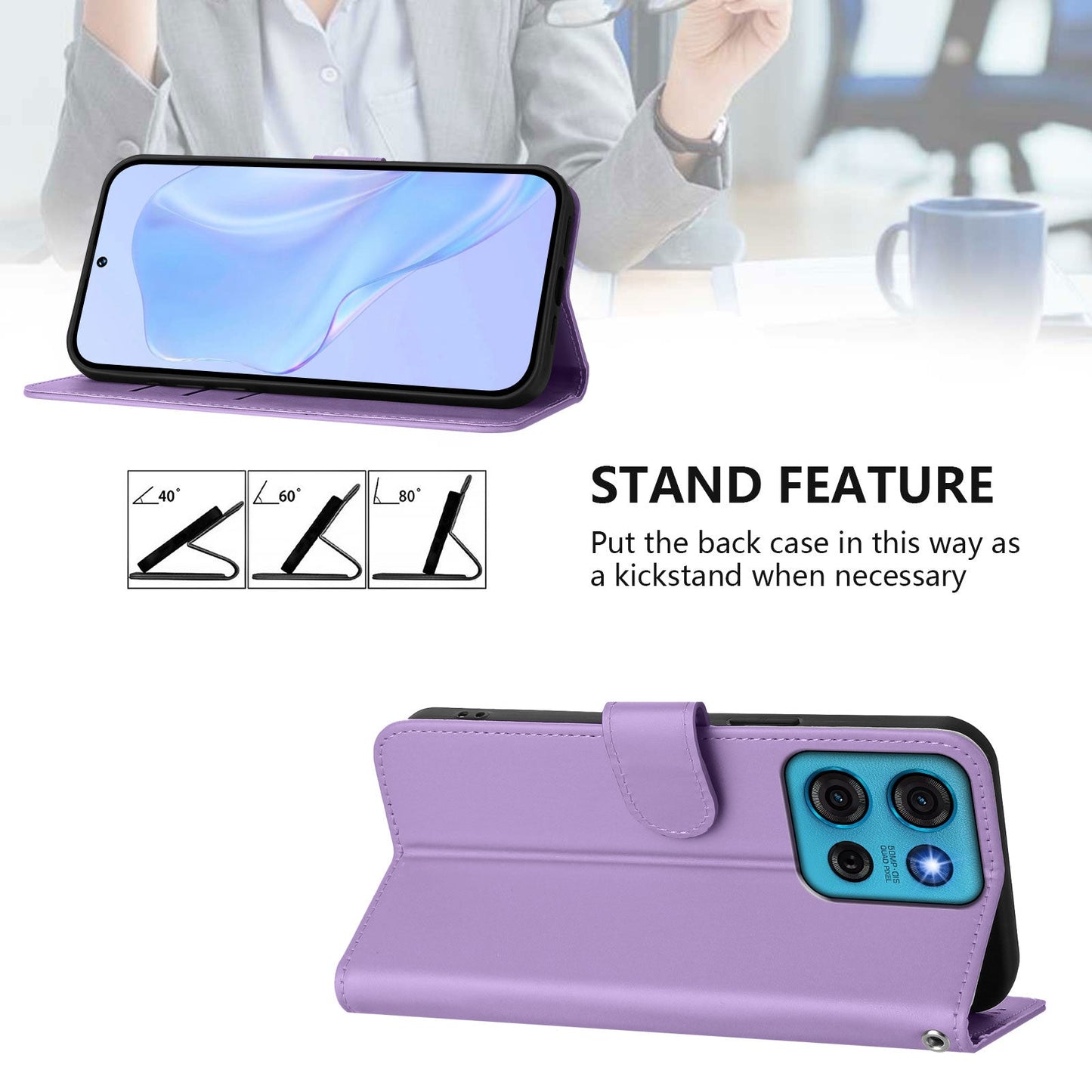 For Motorola Moto G75 5G Case Solid Color Wallet Leather Phone Cover with Strap - Lavender
