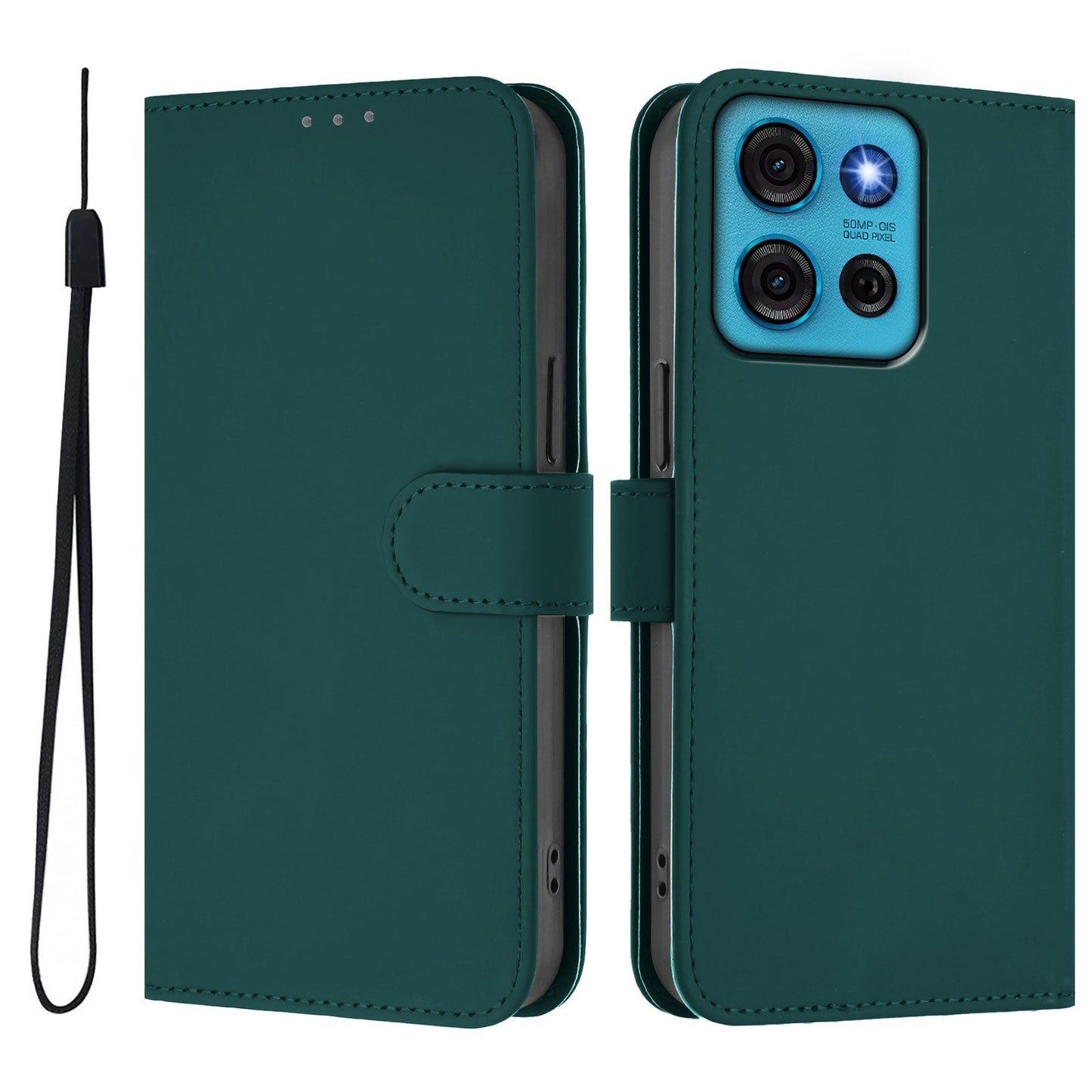 For Motorola Moto G75 5G Case Solid Color Wallet Leather Phone Cover with Strap - Dark Green