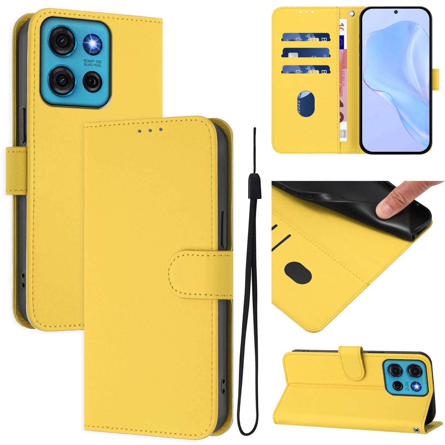 For Motorola Moto G75 5G Case Solid Color Wallet Leather Phone Cover with Strap - Lemon