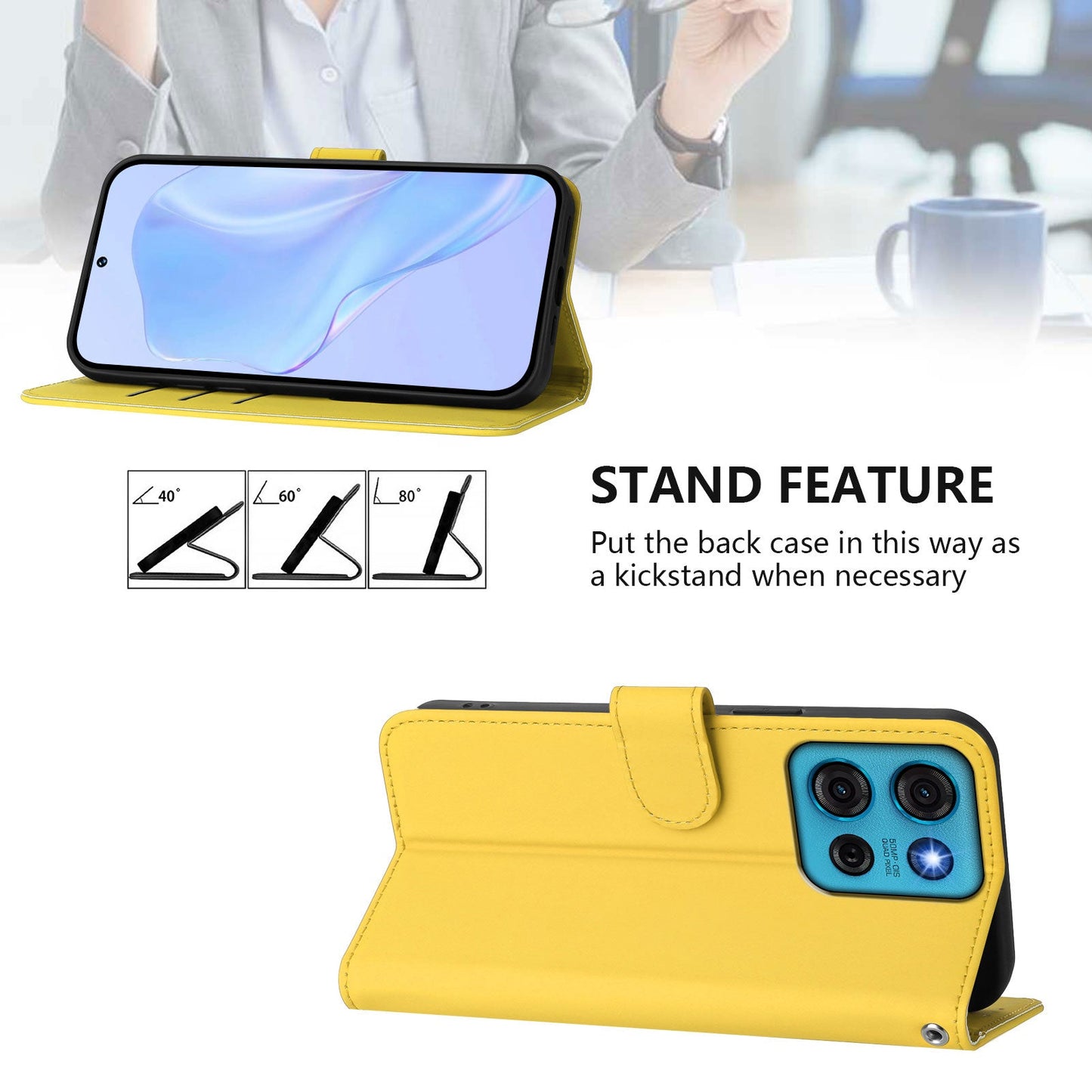 For Motorola Moto G75 5G Case Solid Color Wallet Leather Phone Cover with Strap - Lemon