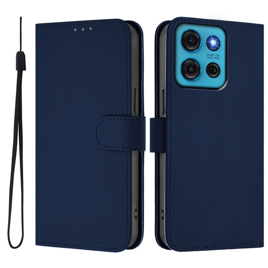 For Motorola Moto G75 5G Case Solid Color Wallet Leather Phone Cover with Strap - Navy Blue