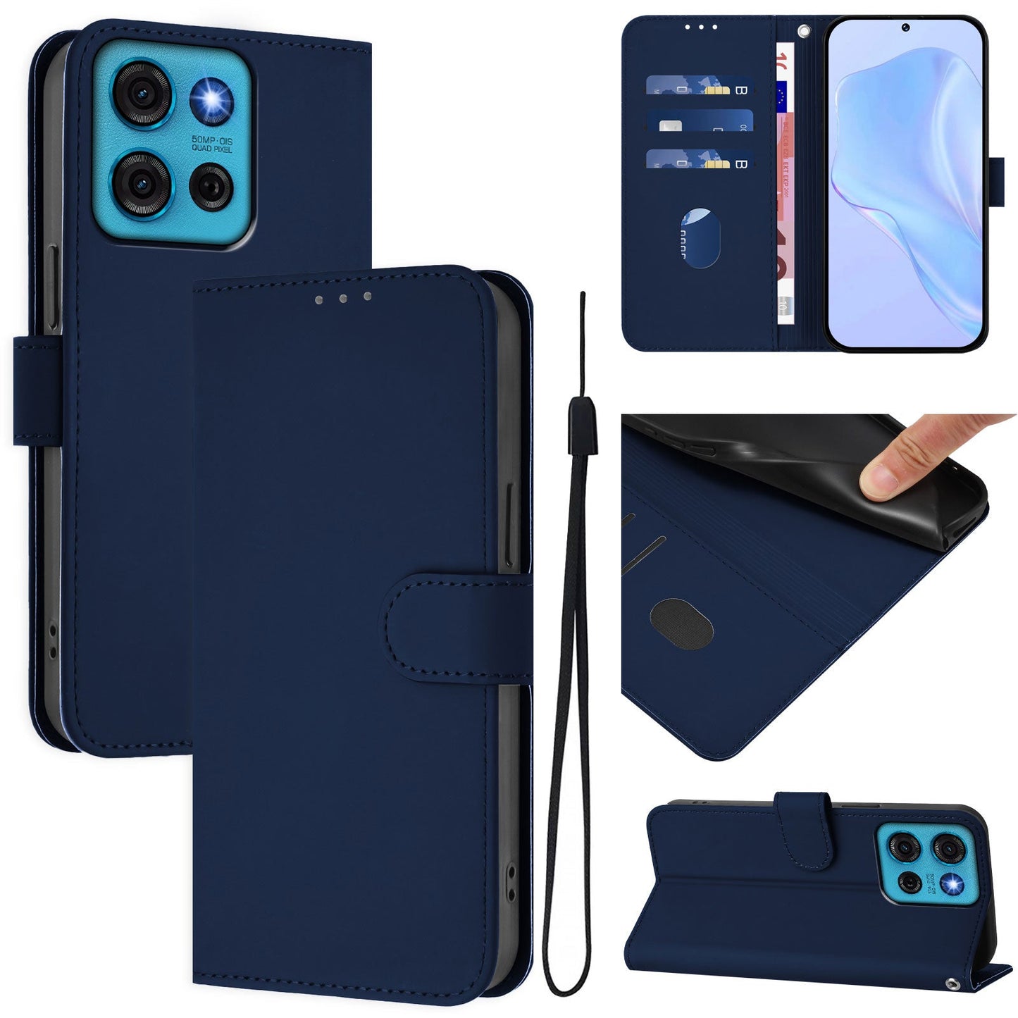 For Motorola Moto G75 5G Case Solid Color Wallet Leather Phone Cover with Strap - Navy Blue
