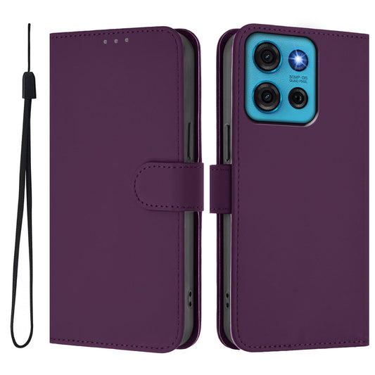 For Motorola Moto G75 5G Case Solid Color Wallet Leather Phone Cover with Strap - Violet