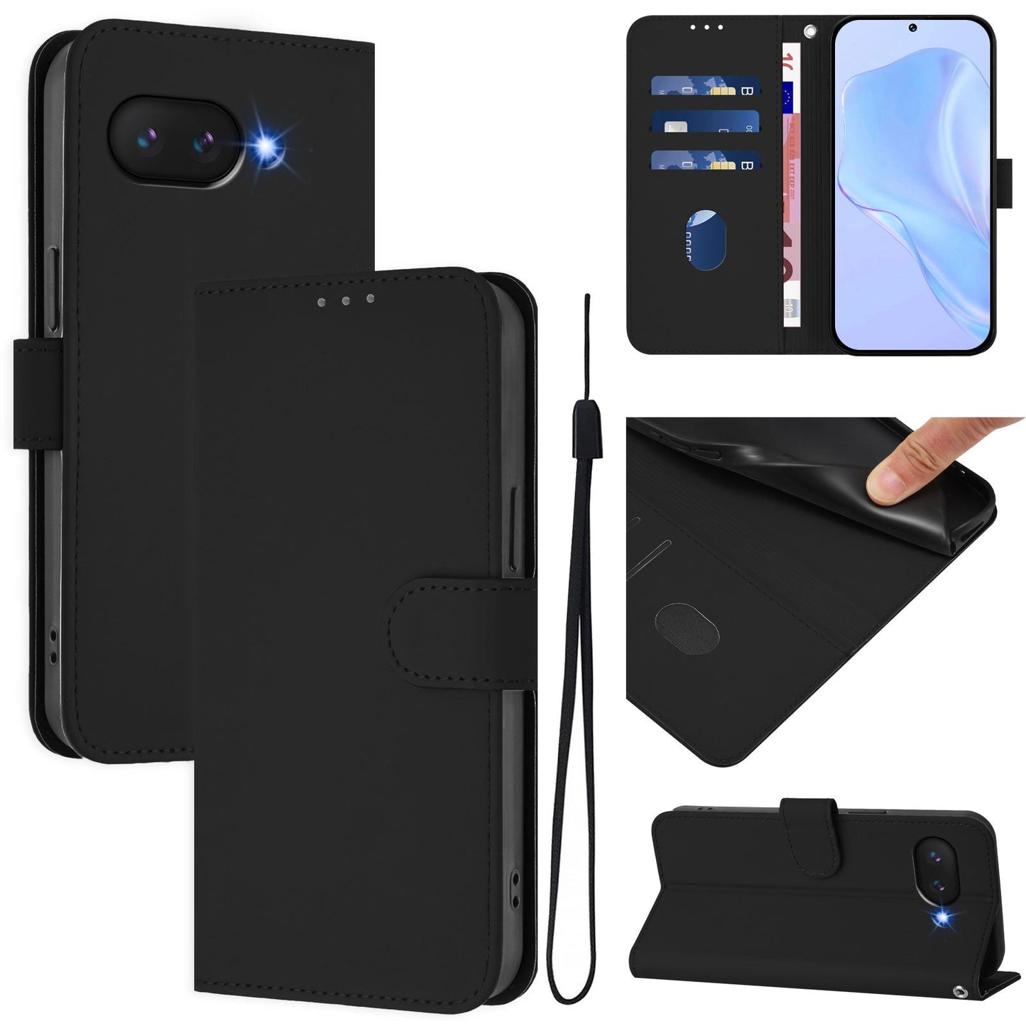 For Google Pixel 9a Case Solid Color Wallet Leather Phone Cover with Strap - Black