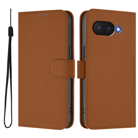 For Google Pixel 9a Case Solid Color Wallet Leather Phone Cover with Strap - Brown
