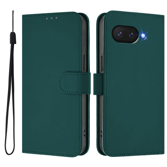 For Google Pixel 9a Case Solid Color Wallet Leather Phone Cover with Strap - Dark Green