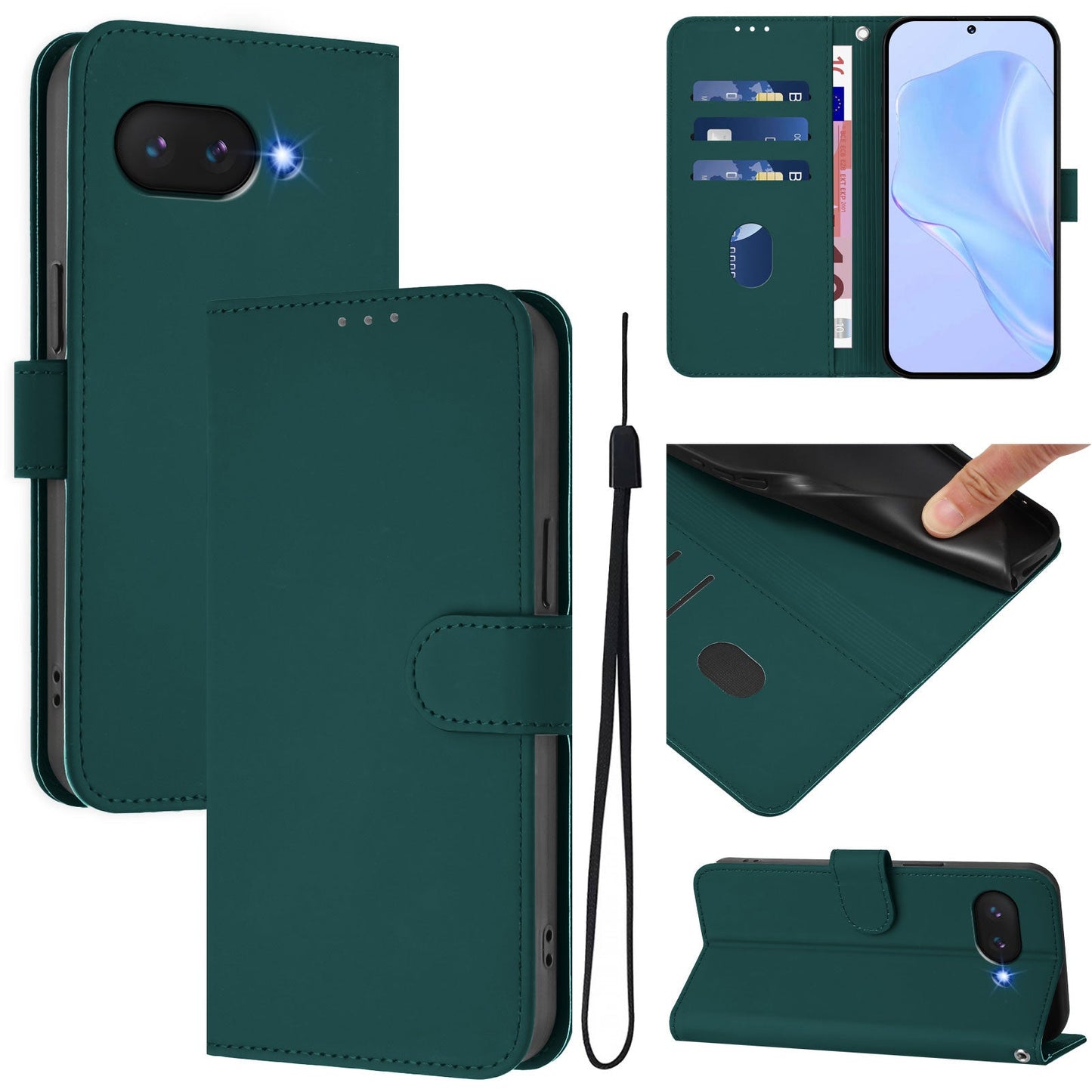 For Google Pixel 9a Case Solid Color Wallet Leather Phone Cover with Strap - Dark Green