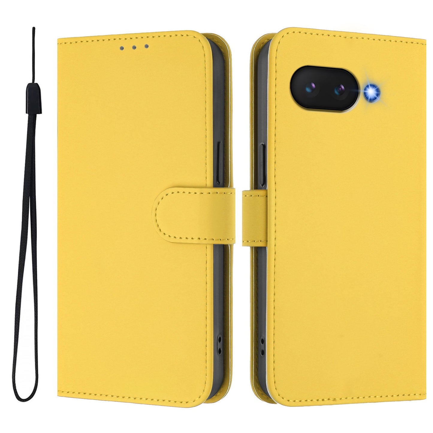 For Google Pixel 9a Case Solid Color Wallet Leather Phone Cover with Strap - Lemon
