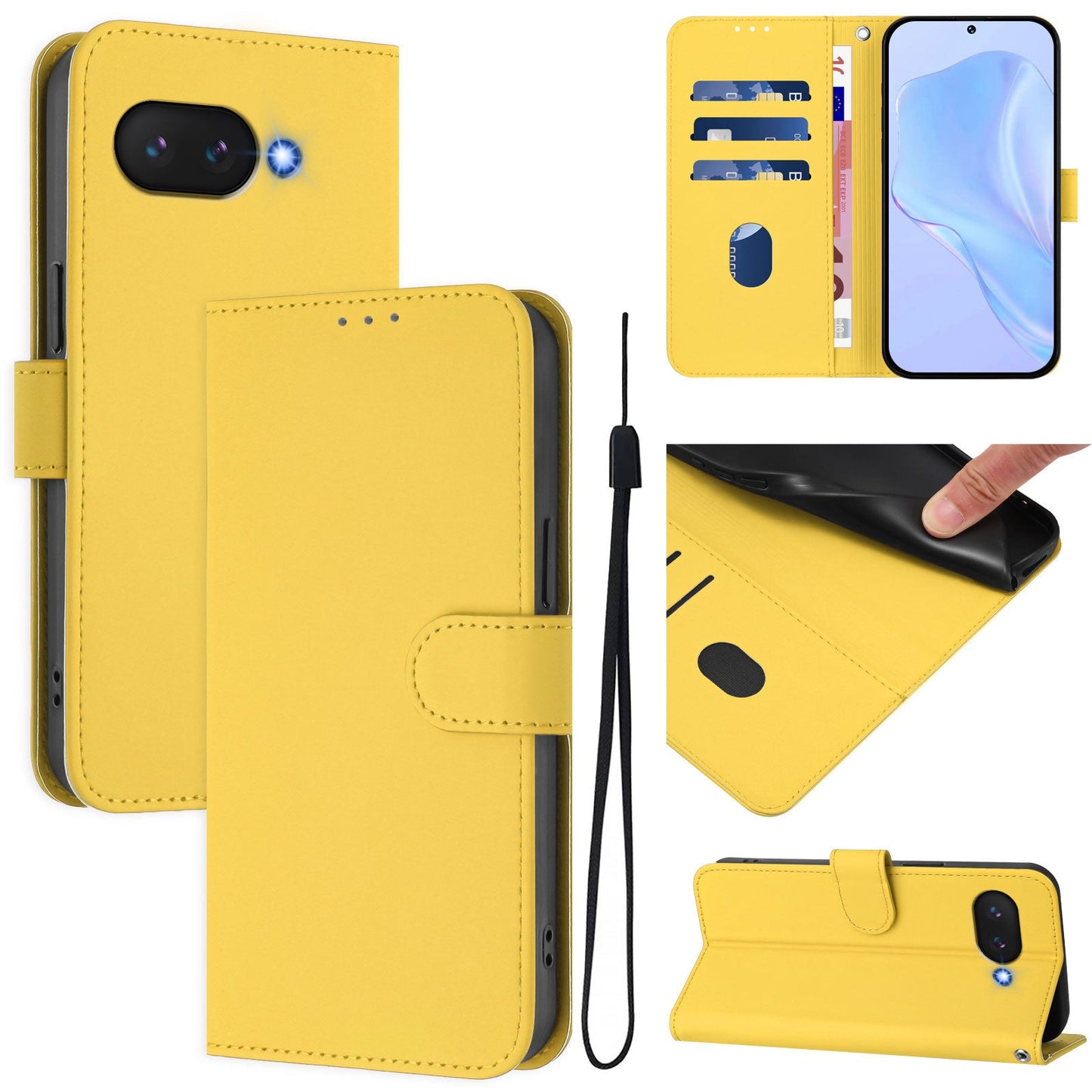 For Google Pixel 9a Case Solid Color Wallet Leather Phone Cover with Strap - Lemon