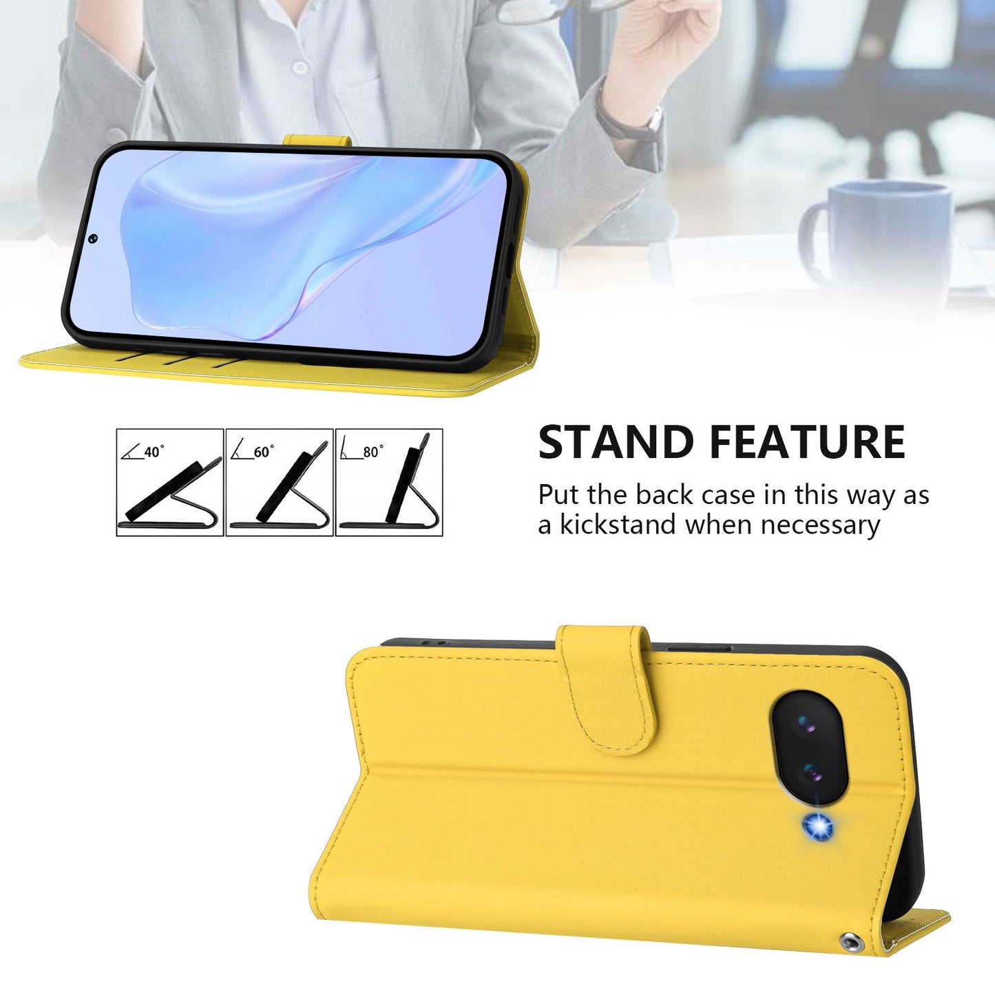 For Google Pixel 9a Case Solid Color Wallet Leather Phone Cover with Strap - Lemon