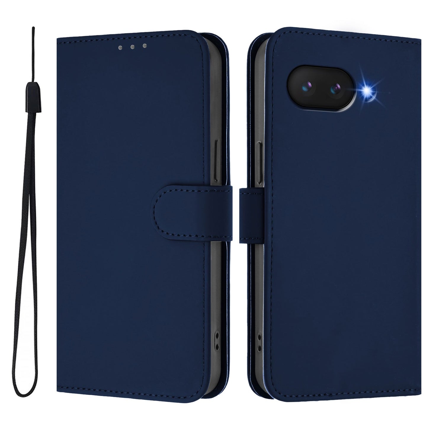 For Google Pixel 9a Case Solid Color Wallet Leather Phone Cover with Strap - Navy Blue