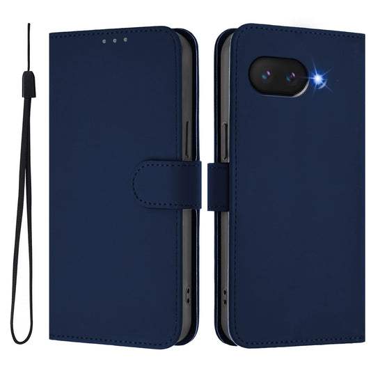 For Google Pixel 9a Case Solid Color Wallet Leather Phone Cover with Strap - Navy Blue