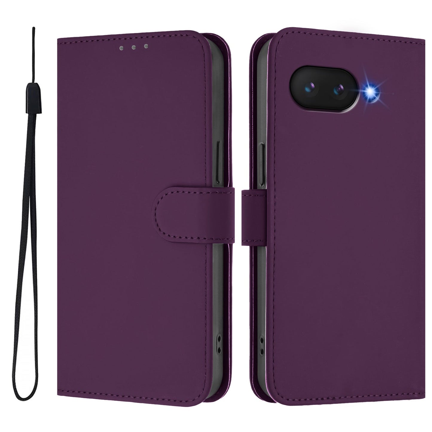 For Google Pixel 9a Case Solid Color Wallet Leather Phone Cover with Strap - Violet