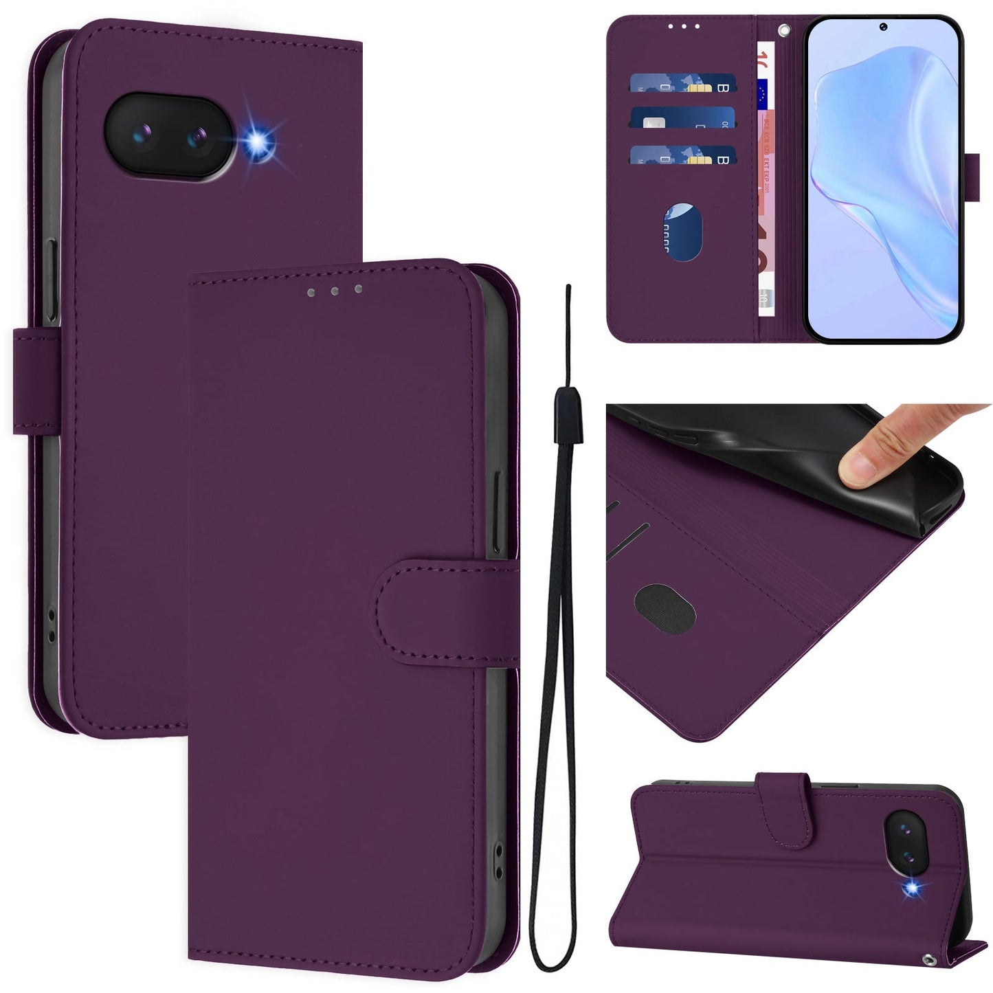 For Google Pixel 9a Case Solid Color Wallet Leather Phone Cover with Strap - Violet