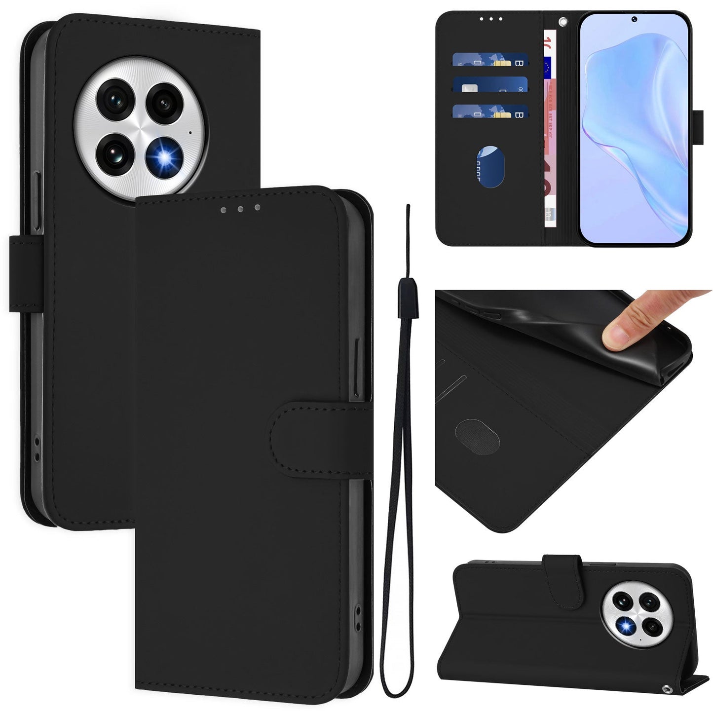 For OnePlus 13 Case Solid Color Wallet Leather Phone Cover with Strap - Black