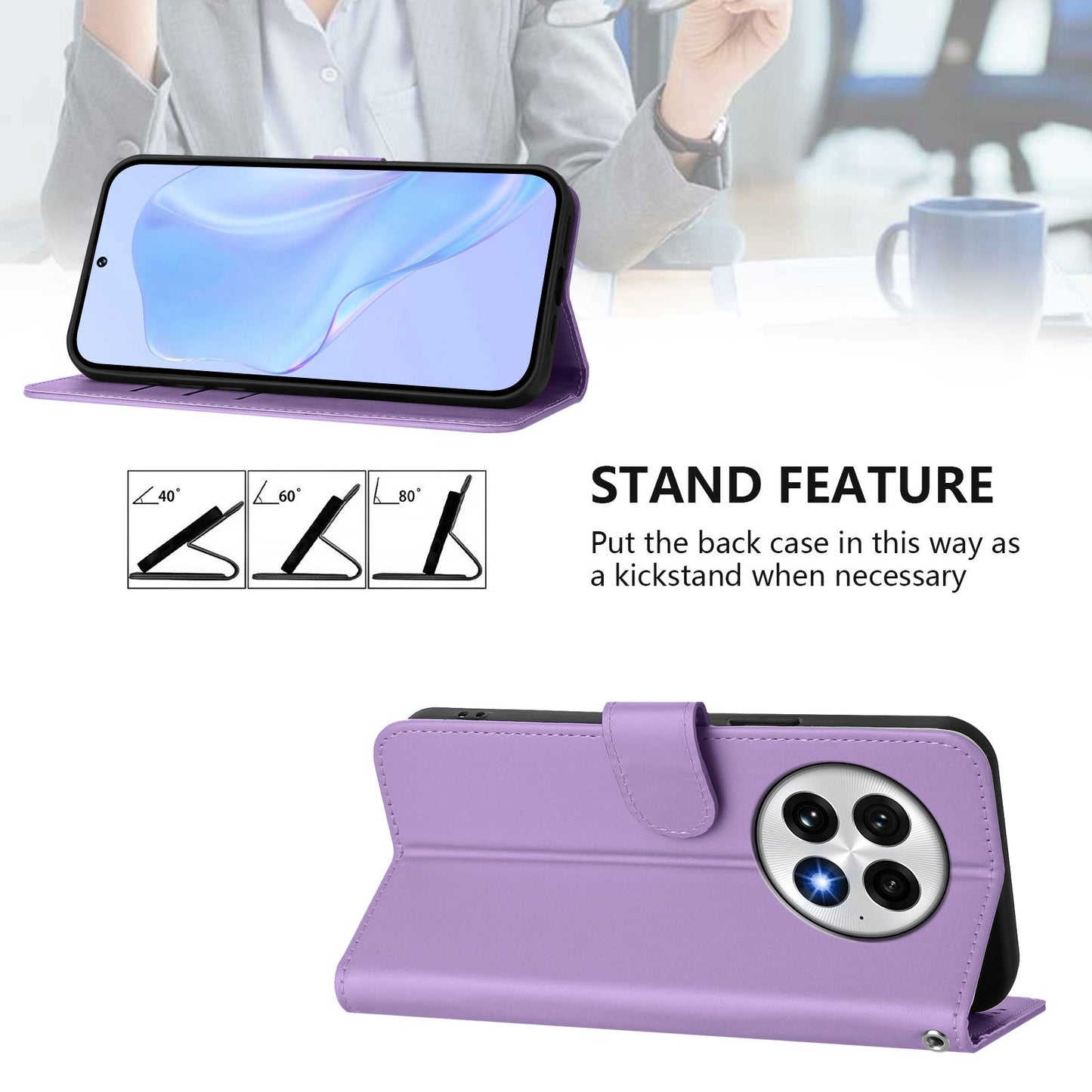 For OnePlus 13 Case Solid Color Wallet Leather Phone Cover with Strap - Lavender