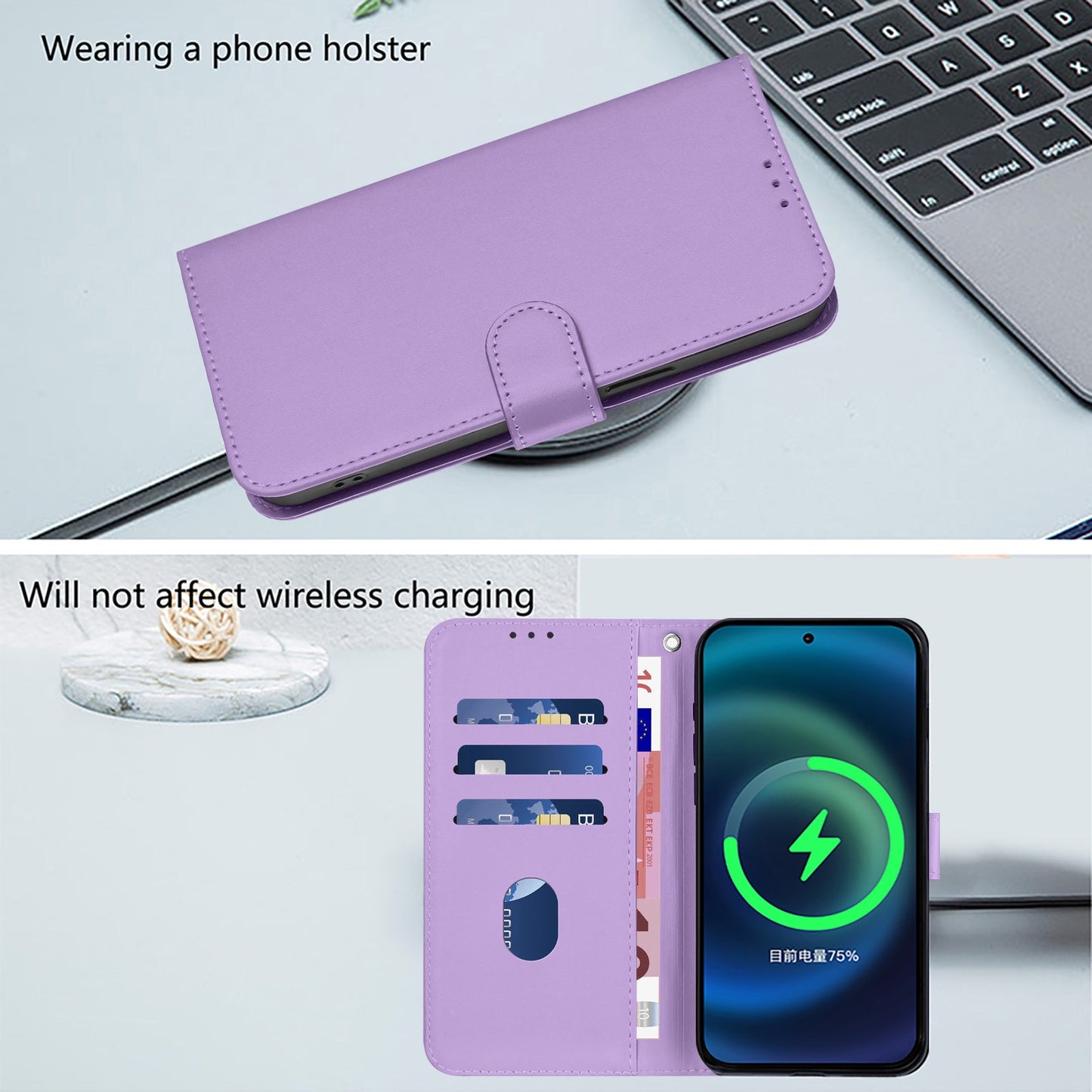 For OnePlus 13 Case Solid Color Wallet Leather Phone Cover with Strap - Lavender