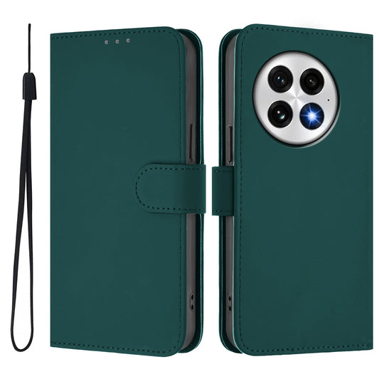 For OnePlus 13 Case Solid Color Wallet Leather Phone Cover with Strap - Dark Green