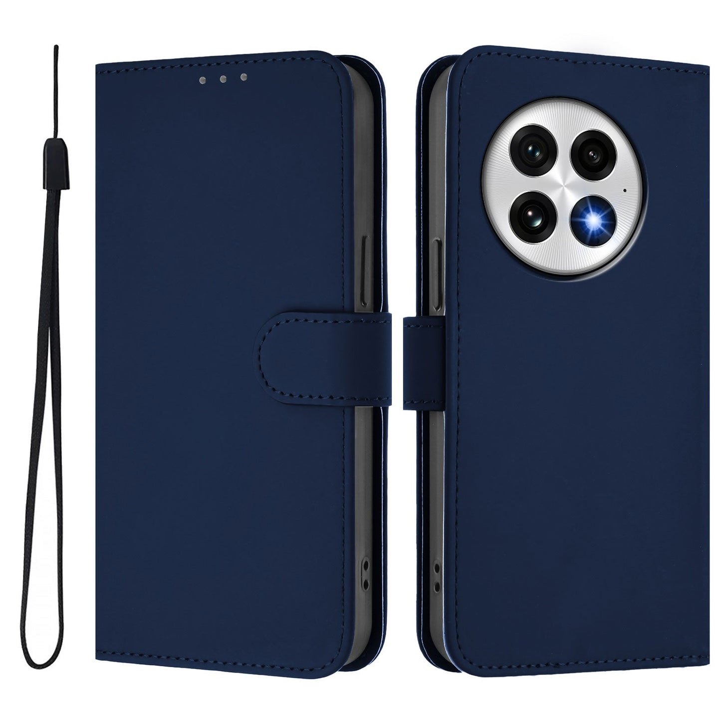 For OnePlus 13 Case Solid Color Wallet Leather Phone Cover with Strap - Navy Blue
