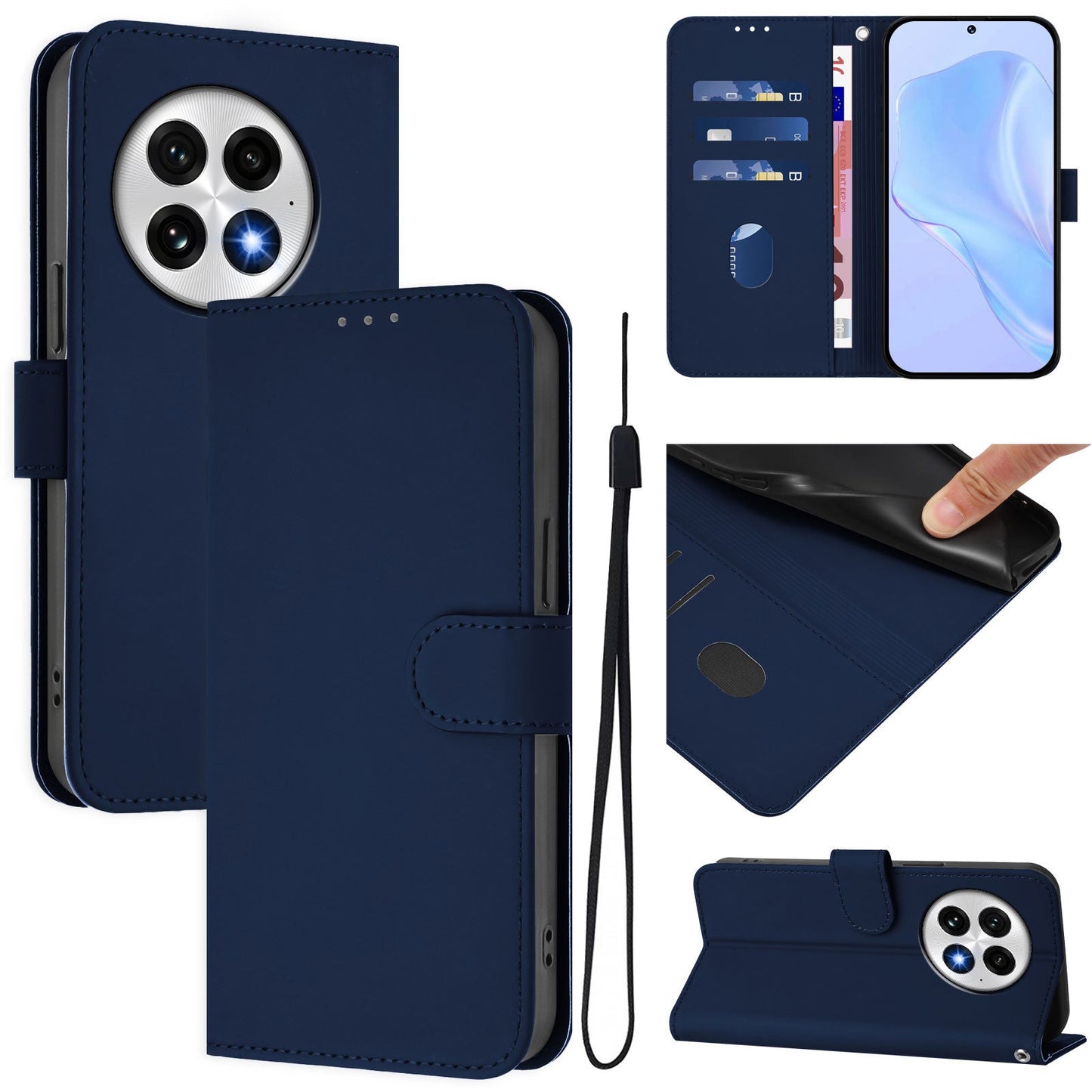 For OnePlus 13 Case Solid Color Wallet Leather Phone Cover with Strap - Navy Blue