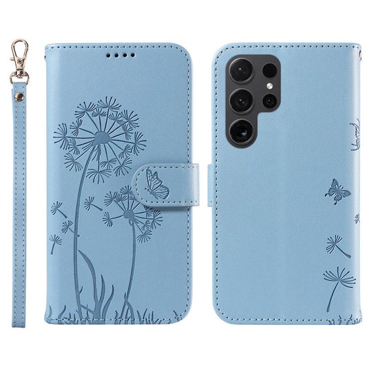 For Samsung Galaxy S24 Ultra Leather Case Wallet Phone Cover Dandelion Imprint - Sky Blue