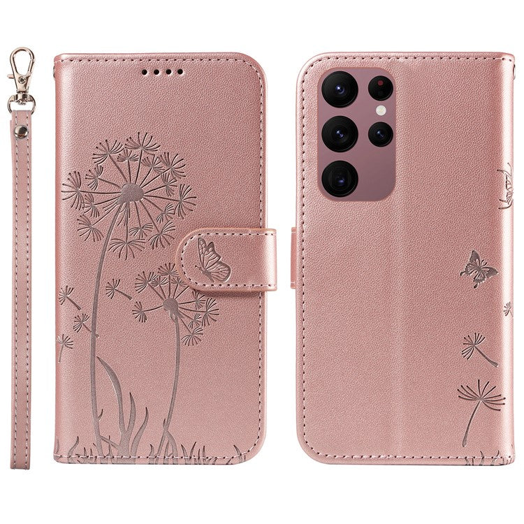 For Samsung Galaxy S23 Ultra Leather Case Wallet Phone Cover Dandelion Imprint - Rose Gold