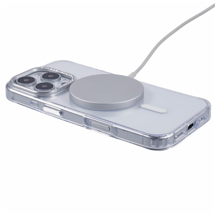 For iPhone 16 Pro Case Compatible with MagSafe TPU+PC Phone Back Cover Rhinestone Decor - Transparent