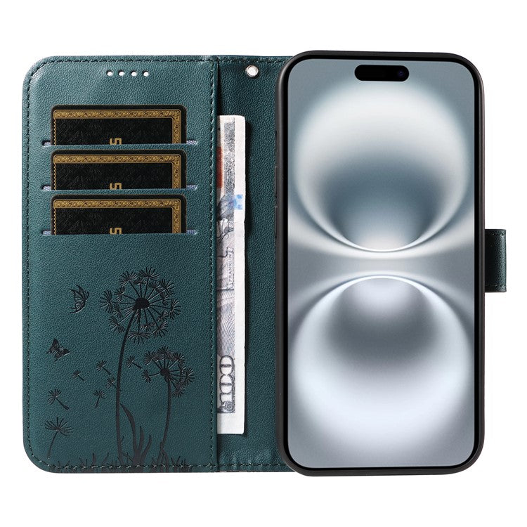 For iPhone 16 Leather Case Wallet Phone Cover Dandelion Imprint - Blue