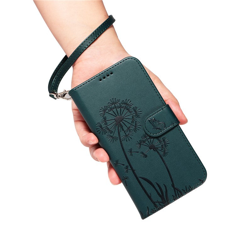 For iPhone 16 Leather Case Wallet Phone Cover Dandelion Imprint - Blue