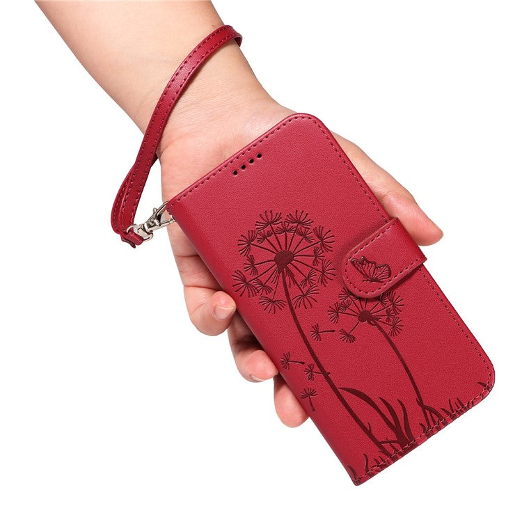 For iPhone 16 Plus Leather Case Wallet Phone Cover Dandelion Imprint - Red